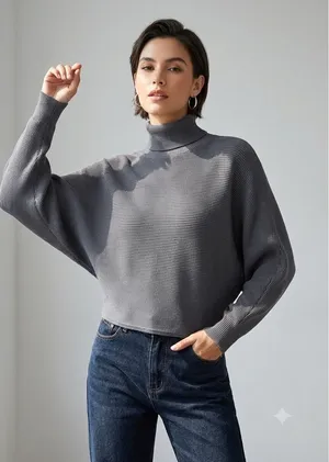 Cider Womens Gray Batwing Turtleneck Ribbed Knit Oversized Sweater XL CD20221013 thumbnail 1