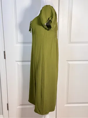 Monteau Los Angeles M Olive Green Puff Sleeve Midi Dress Cottagecore Boho Brunch thumbnail 7