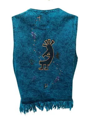Arizona Jones Acid Denim Vest Sz XL Dyed Fringe Aztec Southwest Festival Tribal thumbnail 6