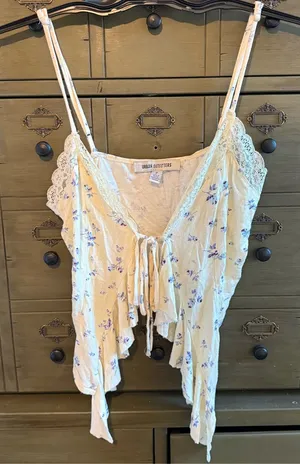 Urban Outfitters Cream Floral Lace-Trim Crop Top thumbnail 1