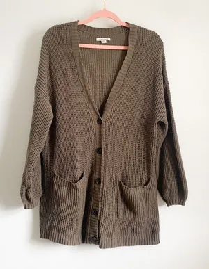 American Eagle Oversized waffle knit Grandpa Slouchy Cardigan Gray Brown XS/S thumbnail 1