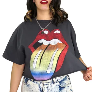 H&M Rolling Stones Graphic Crop Top Large Retro Rainbow Logo Crop Band Tee thumbnail 1