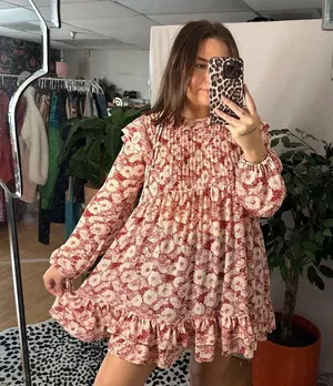 Free People These Dreams Red Floral Print Pleated Mini Dress in Tea Combo thumbnail 6