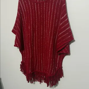 Valerie Stevens Red Knit Sparkle Fringed Shaw Sweater Top thumbnail 3