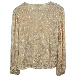 Boston Proper Sequin Wrap Blouse Long Sleeve Metallic Gold‎ Beige New Years Eve thumbnail 2