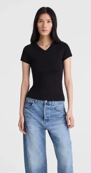 Madewell | NWT 90s V Neck Baby Tee Black Compact Cotton Fitted | Sz L thumbnail 1