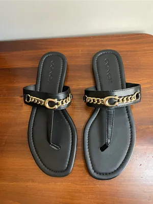 Coach Black Leather Thong Sandals with Gold Chain Accent Size 8.5 thumbnail 3