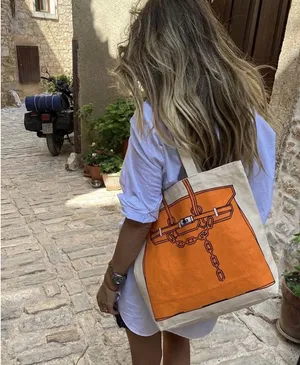 Canvas Tote Bag – Drawing Print Shopper, Large Everyday Shoulder Bag Orange thumbnail 3