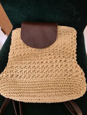 Woven Straw Backpack with Brown Leather Flap Tan thumbnail 7