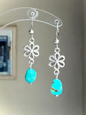 Handmade retro y2k fairy boho style flower turquoise dangle earrings🌀 thumbnail 1