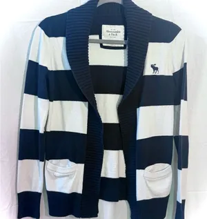 Vintage Y2K Abercrombie & Fitch Navy and White Striped Shawl Cardigan thumbnail 1