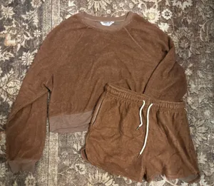 Double Zero Brown Terry Loungewear Set with White Drawstring thumbnail 1