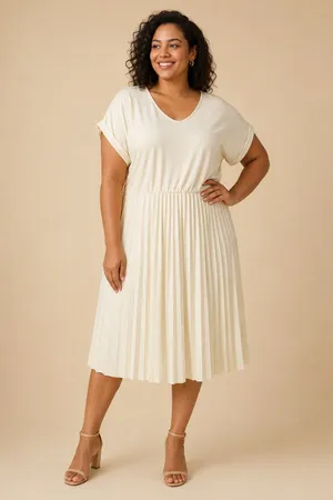 Title: Elizabeth & Nicole Women’s XL Ivory Pleated Midi Dress Short Sleeve thumbnail 3