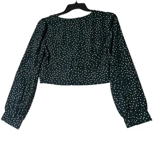 Lulus Women's L Love Always Forest Green‎ Polka Dot Long Sleeve Crop Top Cropped thumbnail 4