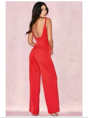 House of CB Leilah Sleeveless Plunge Jumpsuit Wide Leg Red Medium Glam Romantic thumbnail 3