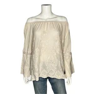 Kaktus Boho Embroidered Peasant Top XL Beige Off Shoulder Crochet Sequin thumbnail 3