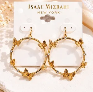 2/20 Isaac Mizrahi Gold Butterfly drop dangle Hoop Earrings Crystal Accents thumbnail 1