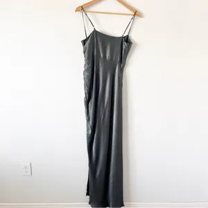 Shona Joy La Lune Olive Satin Ruched High Slit Formal Maxi Dress Gown thumbnail 10