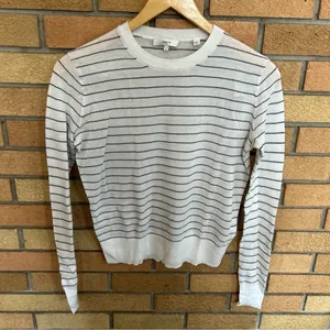 VINCE Cotton Lightweight Mesh White Black Stripe Crewneck Long Sleeve Sweater S thumbnail 2