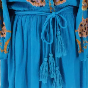 Free People Cora Embroidered Mini Dress Womens Size S Blue Boho Tassel Beachy thumbnail 3