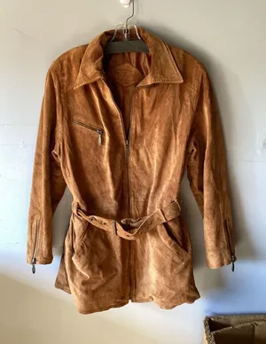 M.I.C Vintage Brown Suede Leather Safari Style Belted Zip Up Jacket M/L thumbnail 1