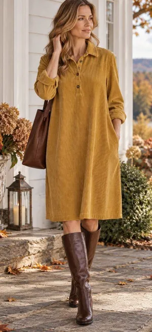 Vermont Country Store Mustard Corduroy Polo Dress S Cotton Cottagecore thumbnail 1