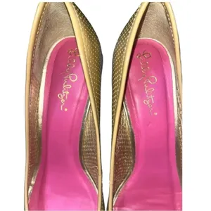 Lilly Pulitzer Wedge Pumps Womens 8M Tan Perforated Leather Peep Toe Raffia Heel thumbnail 7