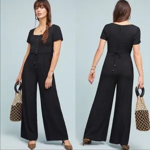 Maeve Anthropologie Black Square‎ Neck Button Front Wide Leg Jumpsuit Size 4 thumbnail 3