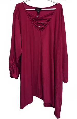 Alyx Red Lattice Ruched Sleeves Shark Bite Hem Top Plus Size 3X thumbnail 1