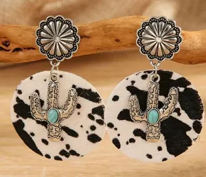 Cow pattern cactus‎ with turquoise decor dangle ethnic style earrings Black thumbnail 1