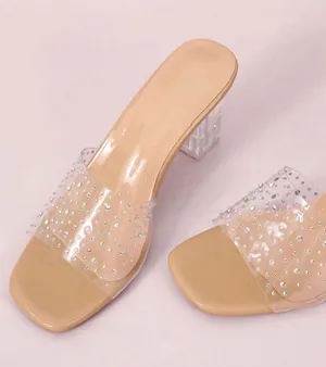 Beige Tan Neutral Rhinestone Block Heels Kitten Mules thumbnail 3
