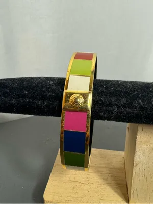 COACH Y2K Legacy Stripe Bangle 1/2" Wide Bracelet Gold Tone Multicolor 7.5" thumbnail 2