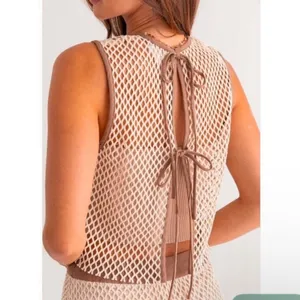 HUNTER & BROWN Leann Crochet Mesh Skirt & Crop Top Set Chic Beige SIZE XS NWT thumbnail 2