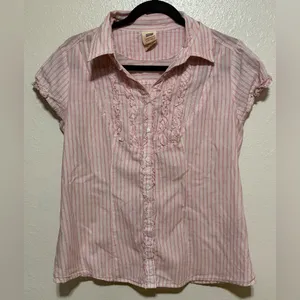 Faded Glory Pink Striped Button Up Blouse Ruffle Top | Cottagecore Casual Shirt thumbnail 2