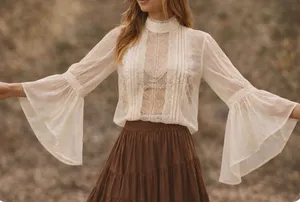 Chico's WHBM Sheer Cream Lace Pirate Blouse Boho Festival Poetic Top S Cotton‎ thumbnail 1