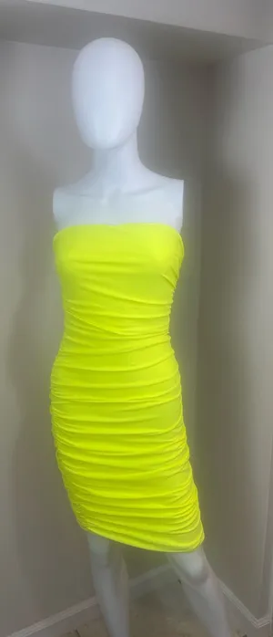 Tiger Mist Neon Yellow Strapless Ruched Bodycon Dress thumbnail 1