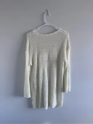 Cream Crochet Open-Knit Sweater Swim Coverup Medium thumbnail 2