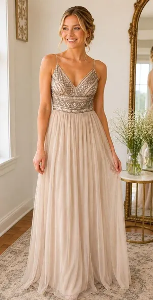 Altar'd State CYNDER Sequin Tulle Maxi Dress Women XS Champagne Formal Prom Gown thumbnail 1