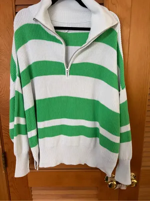 Aerie oversized cropped 1/4 zip Striped Sweater white and green size Med thumbnail 3