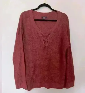 American Eagle Jegging Fit Brick Red Long Sleeve Lace Up V Neck Sweater Size L thumbnail 1