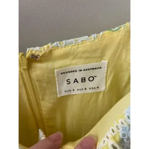 Sabo Skirt Floral Eyelet Mini Dress Size S US 4 Yellow Green Puff Sleeve Ruffle thumbnail 3