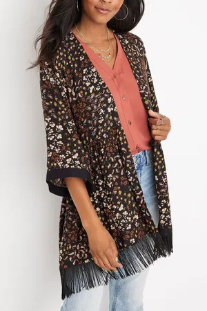 Maurices Black Multicolor Paisley Floral Print Fringe Hem Kimono thumbnail 1