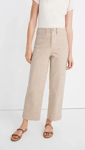 Madewell Slim Emmett Wide-Leg Crop Pants 26 Tan White Gingham Check Cottagecore thumbnail 1