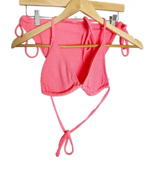 Lucky Brand Coral 2 Piece Crinkle Rib Halter Triangle Side Tie Bikini Swim Set L thumbnail 1