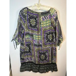 Women’s XL Purple Olive Patchwork Print Tunic Dress Ruffle Hem Tie Sleeves Boho thumbnail 12