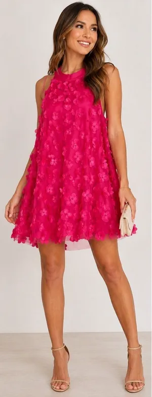 TCEC Pink 3D Floral Mini Halter Dress With Back Bow Tie Size S Valentine Party thumbnail 1