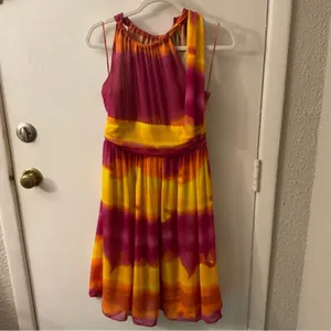 Express Silk Sunburst Tie Dye Shoulder Dress 4 Dopamine Rainbowcore Barbie Boho thumbnail 3