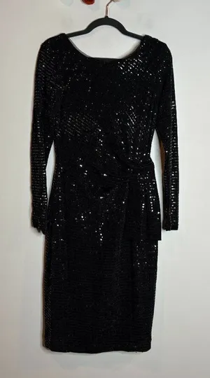 Betsy & Adam black sequin type cinched waist long sleeve dress thumbnail 1