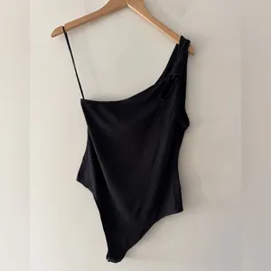 American Eagle Black Ribbed One Shoulder Tie Detail Bodysuit‎ thumbnail 2