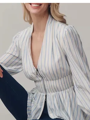 Anthropologie Tommie Long-Sleeve Smocked Front-Zip Blouse thumbnail 2